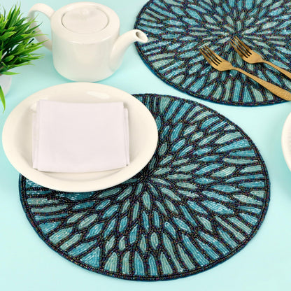 ALPHA Living HOME Beaded Placemats – 13 Inch Round Glass Bead Table Mats, Set of 2 (Blue Black)