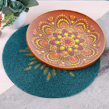 Alpha Living Home 13-Inch Round Beaded Placemat, Gold Teal, Set of 1