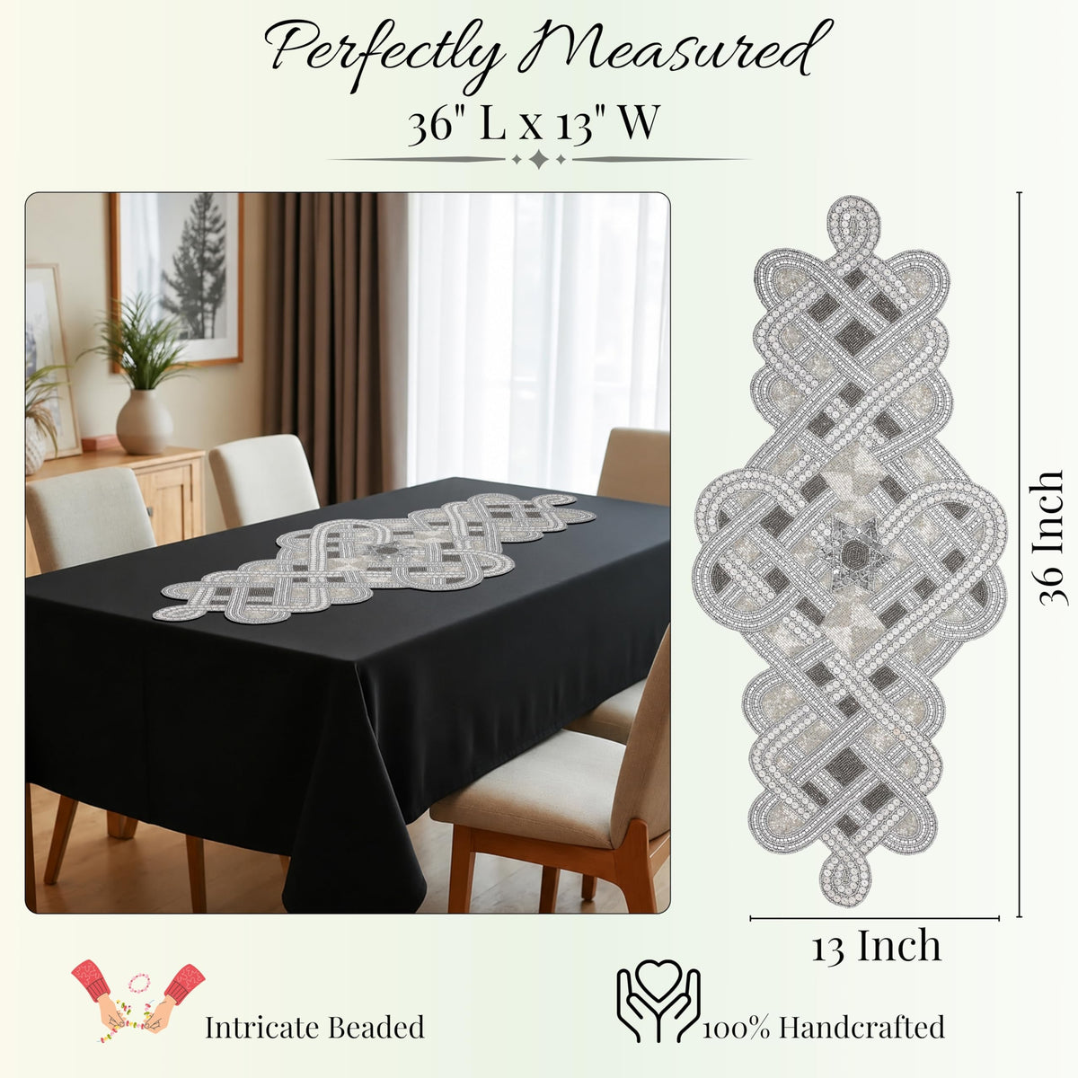 Handmade Beaded Table Runner 13 x 36 Inch, Grey Silver Decorative Glass Bead Table Runner with Polyester Back, Elegant Dining Table Centerpiece for Coffee, Wedding, Holiday & Farmhouse Home Décor