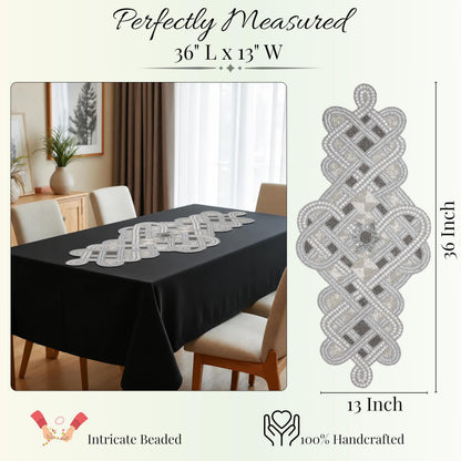 Handmade Beaded Table Runner 13 x 36 Inch, Grey Silver Decorative Glass Bead Table Runner with Polyester Back, Elegant Dining Table Centerpiece for Coffee, Wedding, Holiday & Farmhouse Home Décor