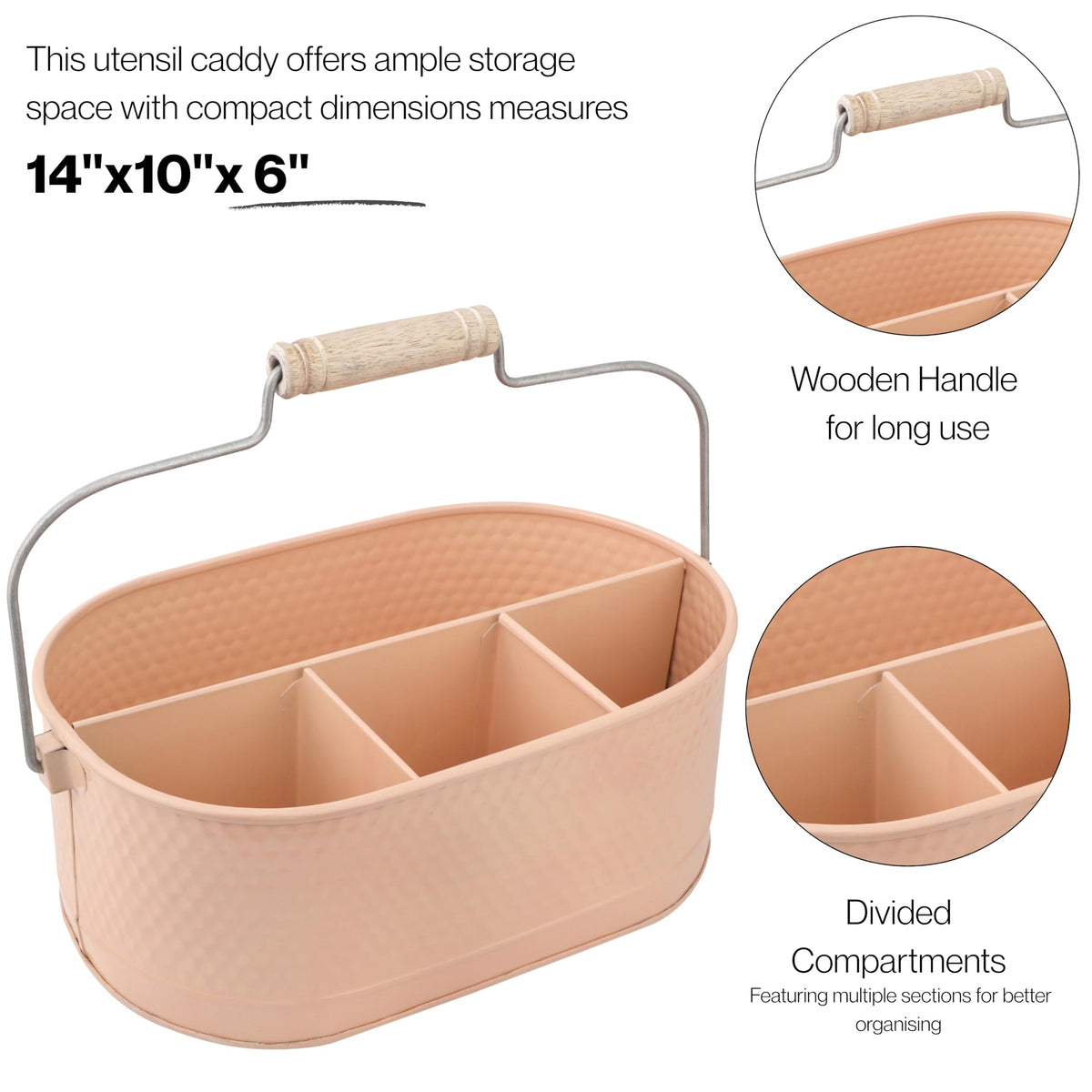 Alpha Living Home Metal Utensil Caddy - 4 Compartment Silverware, Flatware, Cutlery Holder with Handle - Kitchen Organizer for Countertop, Buffet, Picnic, BBQ, Farmhouse(Peach)