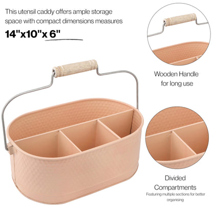 Alpha Living Home Metal Utensil Caddy - 4 Compartment Silverware, Flatware, Cutlery Holder with Handle - Kitchen Organizer for Countertop, Buffet, Picnic, BBQ, Farmhouse(Peach)
