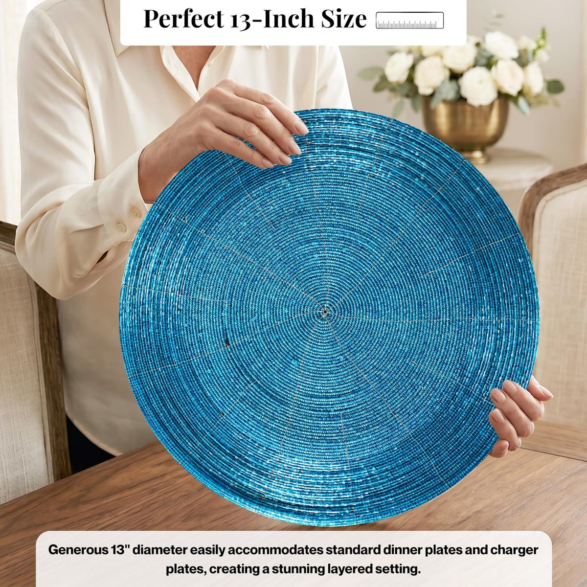 ALPHA Living HOME Round Beaded Placemats – 13 Inch Handmade Glass Bead Table Mats, Set of 4 (Blue)
