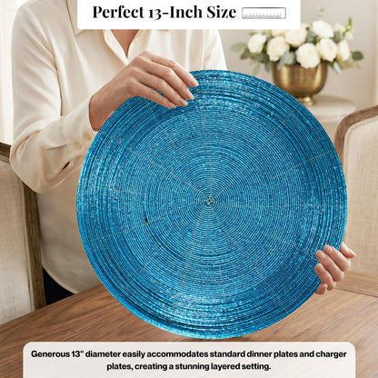 ALPHA Living HOME Round Beaded Placemats – 13 Inch Handmade Glass Bead Table Mats, Set of 4 (Blue)