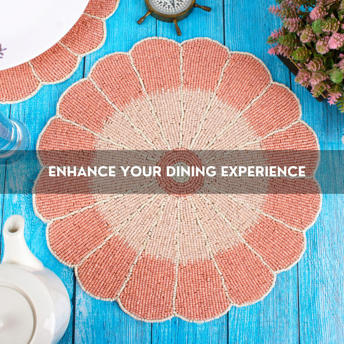 ALPHA Living HOME Beaded Placemats – 13 Inch Round Handmade Glass Bead Table Mats, Set of 1 (Pink White)