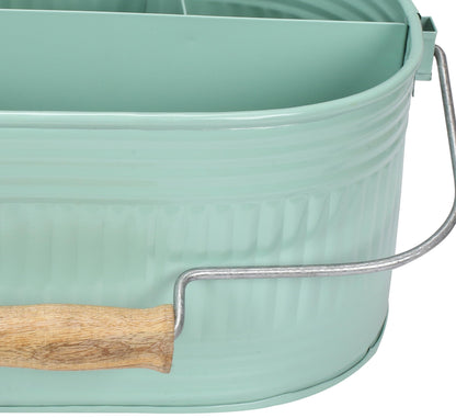 Alpha Living Home Farmhouse Utensil Caddy Carry-All Serveware-Galvanized Metal Organizer for Kitchen Counter-Comfort Wooden Handle In/Outdoor Storage For Flatware,Condiments,Party Cutlery,Arts-TEAL