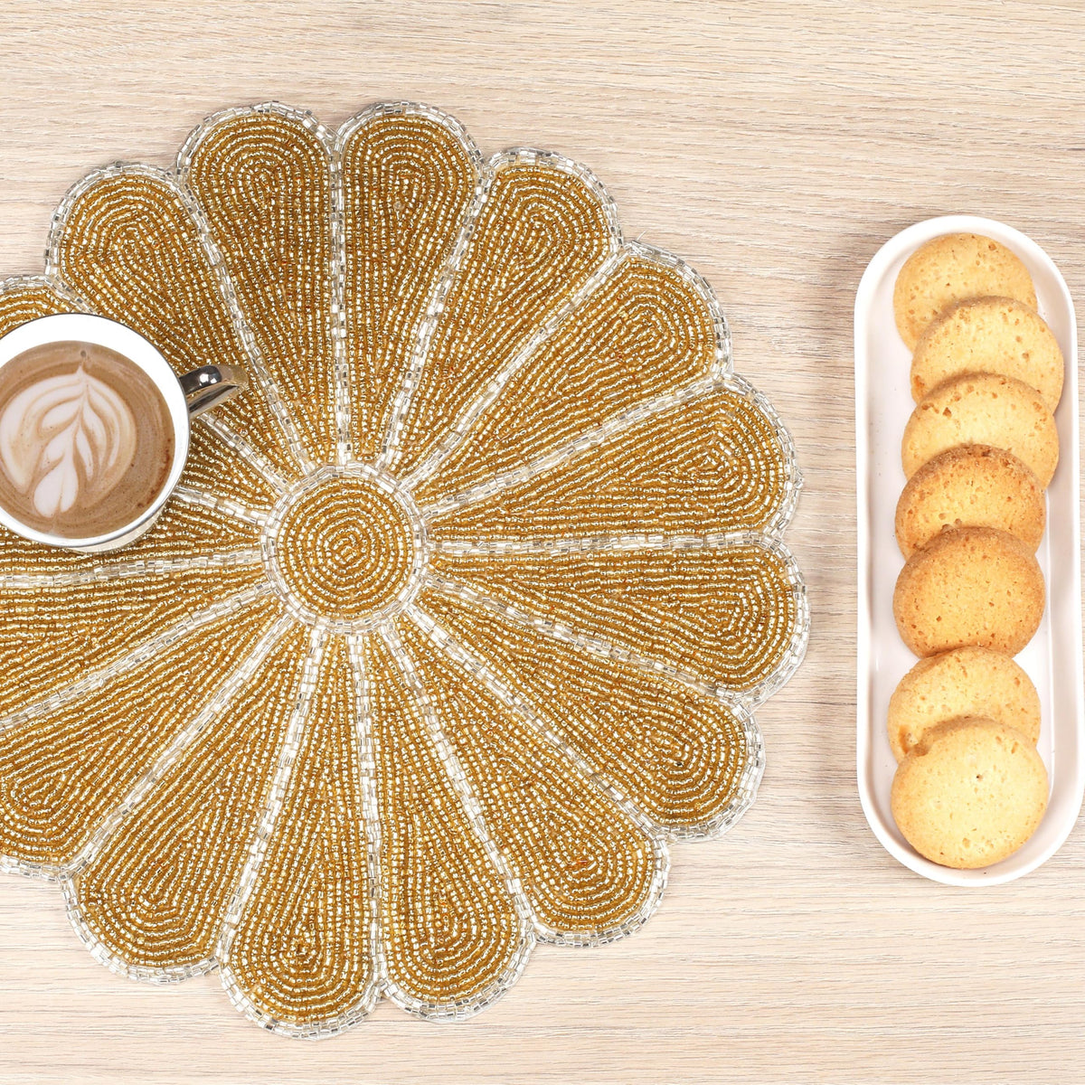 ALPHA Living HOME 2-Pack Round Placemats, Glass Beads, Gold Silver, 13 Inch