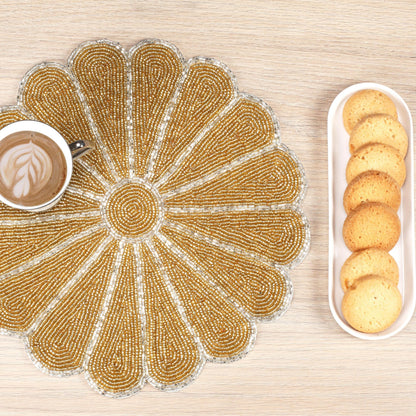 ALPHA Living HOME 2-Pack Round Placemats, Glass Beads, Gold Silver, 13 Inch