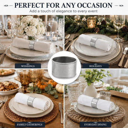 ALPHA Living HOME Silver Napkin Rings Set of 12 Premium, 100% Metal Rust-Resistant Décor - Handcrafted French-Style Metal Holders 2" for Thanksgiving, Christmas, Parties & Everyday Dining