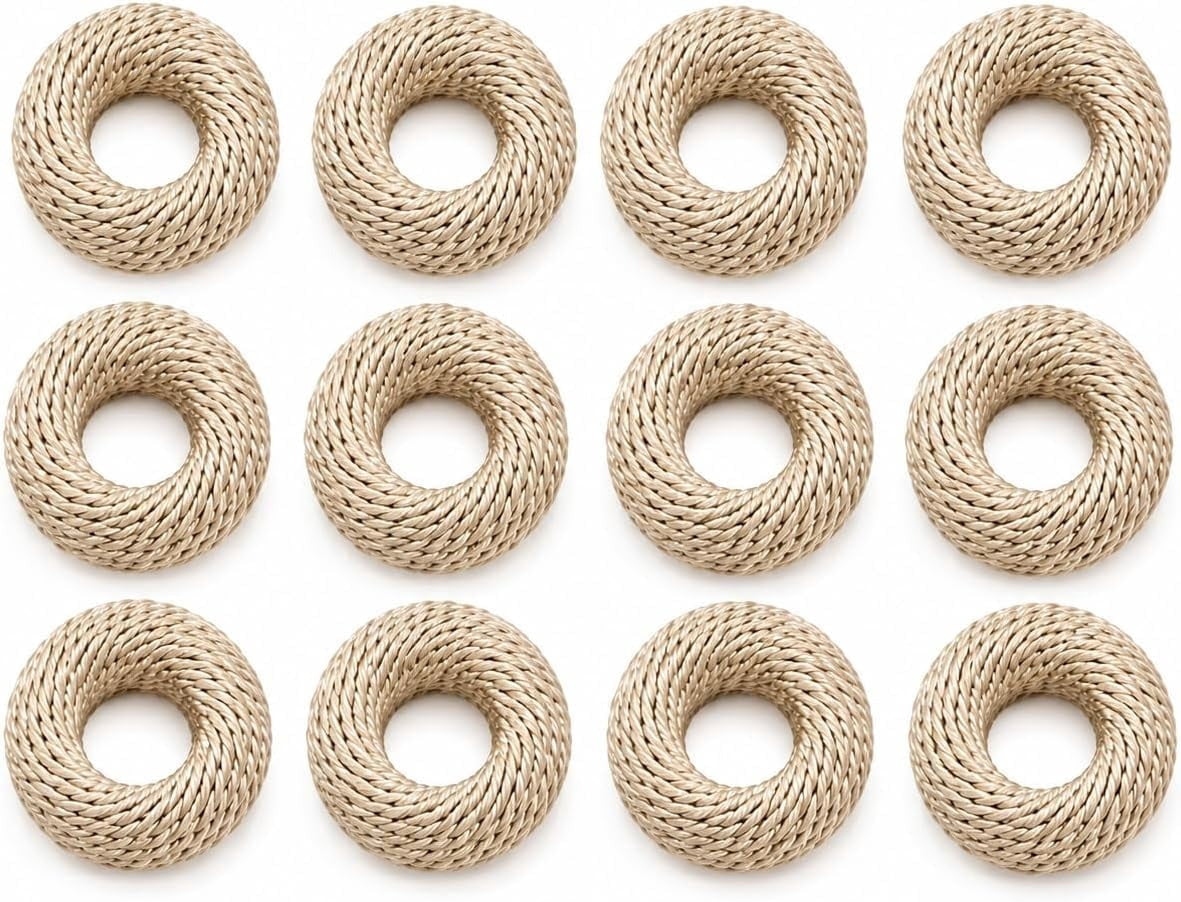 Napkin Rings Set of 12 – Handmade Woven Yarn Napkin Holders for Cloth Napkins, Farmhouse, Boho, Wedding, Holiday & Everyday Dining Table Decor, Reusable Beige