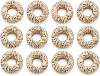 Napkin Rings Set of 12 – Handmade Woven Yarn Napkin Holders for Cloth Napkins, Farmhouse, Boho, Wedding, Holiday & Everyday Dining Table Decor, Reusable Beige
