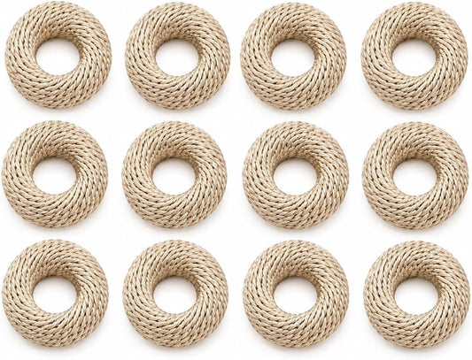 Napkin Rings Set of 12 – Handmade Woven Yarn Napkin Holders for Cloth Napkins, Farmhouse, Boho, Wedding, Holiday & Everyday Dining Table Decor, Reusable Beige