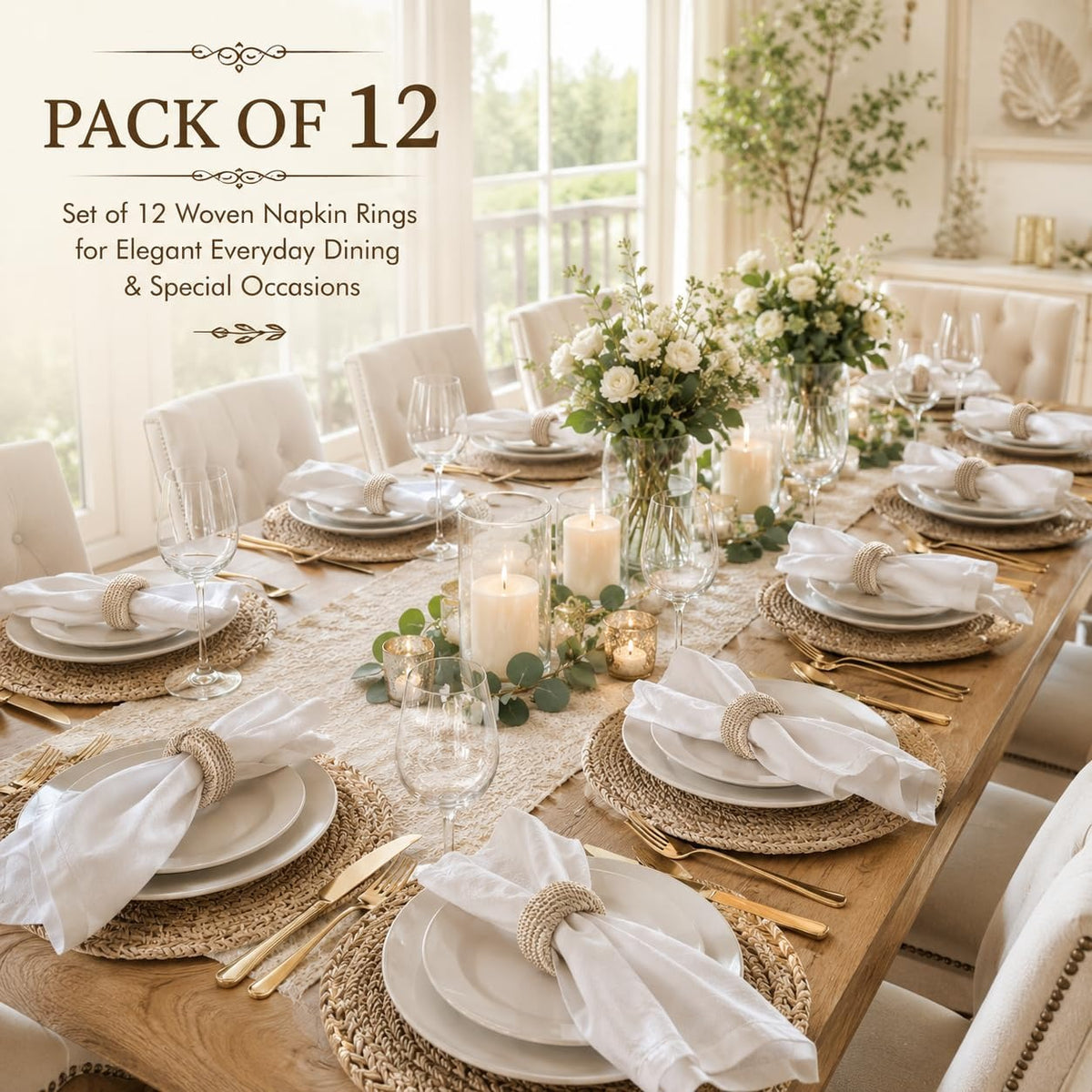 Napkin Rings Set of 12 – Handmade Woven Yarn Napkin Holders for Cloth Napkins, Farmhouse, Boho, Wedding, Holiday & Everyday Dining Table Decor, Reusable Beige