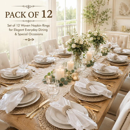 Napkin Rings Set of 12 – Handmade Woven Yarn Napkin Holders for Cloth Napkins, Farmhouse, Boho, Wedding, Holiday & Everyday Dining Table Decor, Reusable Beige