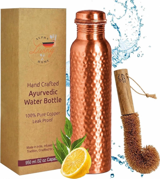 Copper Water Bottle 32 Oz Extra Large, Real Copper Water Bottle, Pure Drinking Bottle, Hammered Ayurvedic Bottle for Drinking Water, Leak Proof Vessel Cap with Cleaning Brush