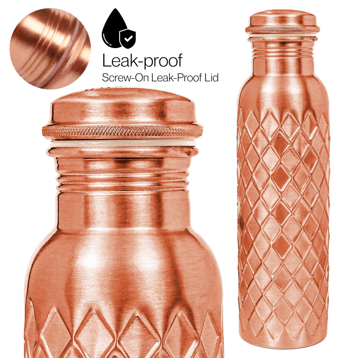 Copper Water Bottle 32 Oz Extra Large, Pure Copper Bottle for Drinking Water, Diamond Ayurvedic Drinking Bottle, Leak Proof Vessel, Cleaning Brush, Daily Hydration for Home Travel