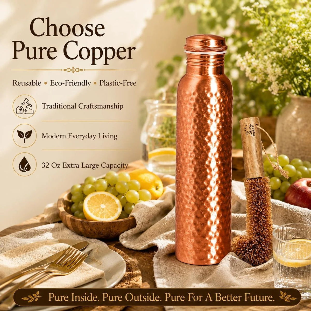 Copper Water Bottle 32 Oz Extra Large, Real Copper Water Bottle, Pure Drinking Bottle, Hammered Ayurvedic Bottle for Drinking Water, Leak Proof Vessel Cap with Cleaning Brush