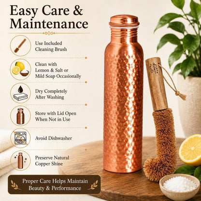 Copper Water Bottle 32 Oz Extra Large, Real Copper Water Bottle, Pure Drinking Bottle, Hammered Ayurvedic Bottle for Drinking Water, Leak Proof Vessel Cap with Cleaning Brush