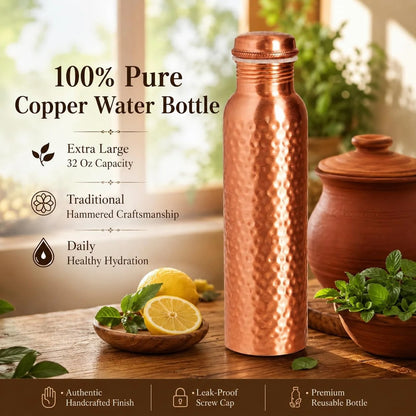 Copper Water Bottle 32 Oz Extra Large, Real Copper Water Bottle, Pure Drinking Bottle, Hammered Ayurvedic Bottle for Drinking Water, Leak Proof Vessel Cap with Cleaning Brush