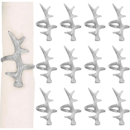 Set of 12 Antler Napkin Rings for Dining Table Décor - Rustic Metal Napkin Holder Rings for Christmas, Weddings, Parties, Holiday Dinner & Everyday Use (Silver) - ALPHA Living HOME