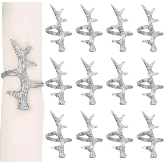 Set of 12 Antler Napkin Rings for Dining Table Décor - Rustic Metal Napkin Holder Rings for Christmas, Weddings, Parties, Holiday Dinner & Everyday Use (Silver) - ALPHA Living HOME