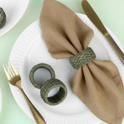 Boho-Chic Handwoven Napkin Rings Set of 12 – Green Cane & Plastic, 2.25 x 2.25 x 1 Inches, Lacquered Finish, Reusable & Easy Clean – Perfect for Wedding, Dinner, Party & Festive Table Décor