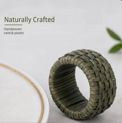 Boho-Chic Handwoven Napkin Rings Set of 12 – Green Cane & Plastic, 2.25 x 2.25 x 1 Inches, Lacquered Finish, Reusable & Easy Clean – Perfect for Wedding, Dinner, Party & Festive Table Décor