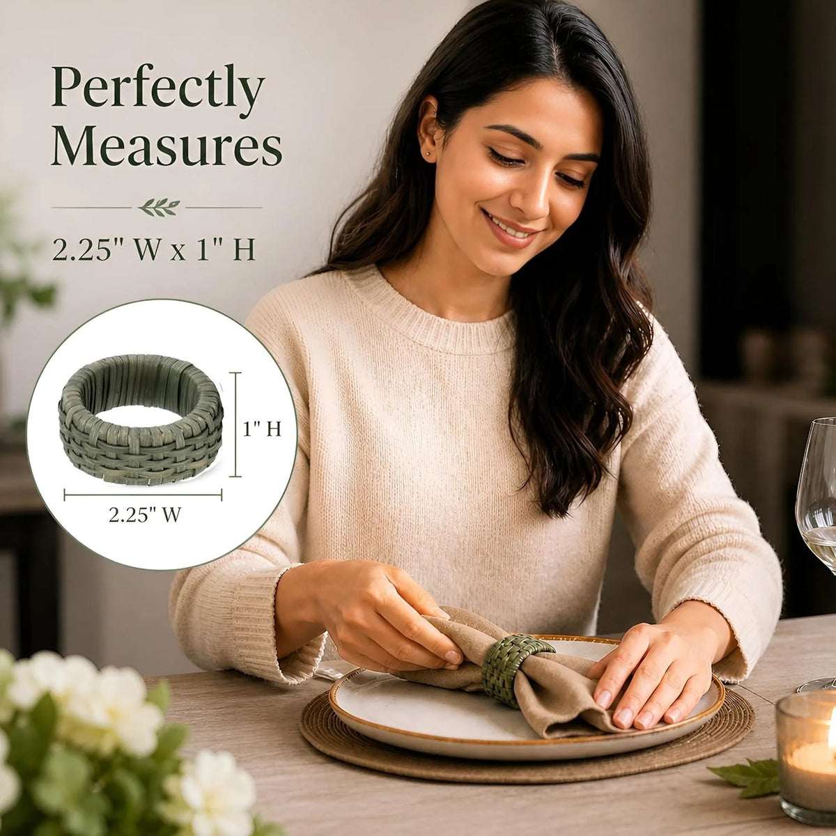 Boho-Chic Handwoven Napkin Rings Set of 12 – Green Cane & Plastic, 2.25 x 2.25 x 1 Inches, Lacquered Finish, Reusable & Easy Clean – Perfect for Wedding, Dinner, Party & Festive Table Décor