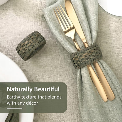 Boho-Chic Handwoven Napkin Rings Set of 12 – Green Cane & Plastic, 2.25 x 2.25 x 1 Inches, Lacquered Finish, Reusable & Easy Clean – Perfect for Wedding, Dinner, Party & Festive Table Décor