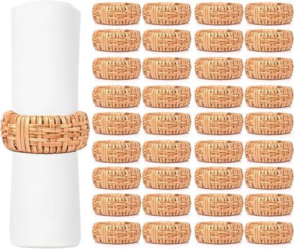 Artisan Cane Napkin Rings Set of 36, Earthy Woven Dinner Napkin Holders, Natural Bohemian Farmhouse Table Accessory for Dinner Parties & Everyday Use (Natural Brown)