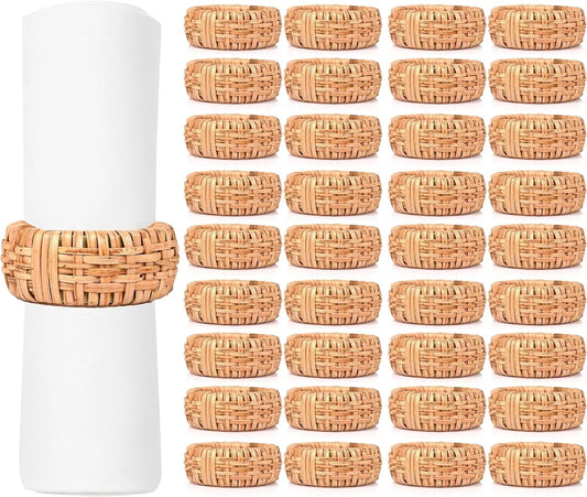 Artisan Cane Napkin Rings Set of 36, Earthy Woven Dinner Napkin Holders, Natural Bohemian Farmhouse Table Accessory for Dinner Parties & Everyday Use (Natural Brown)