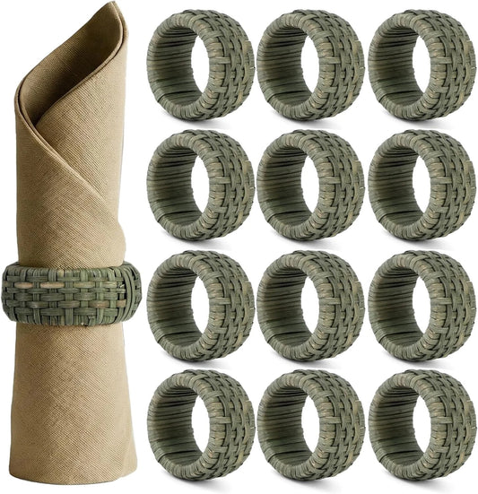 Artisan Cane Napkin Rings Set of 12, Earthy Woven Dinner Napkin Holders, Natural Bohemian Farmhouse Table Accessory for Dinner Parties & Everyday Use (Army Green) - ALPHA Living HOME