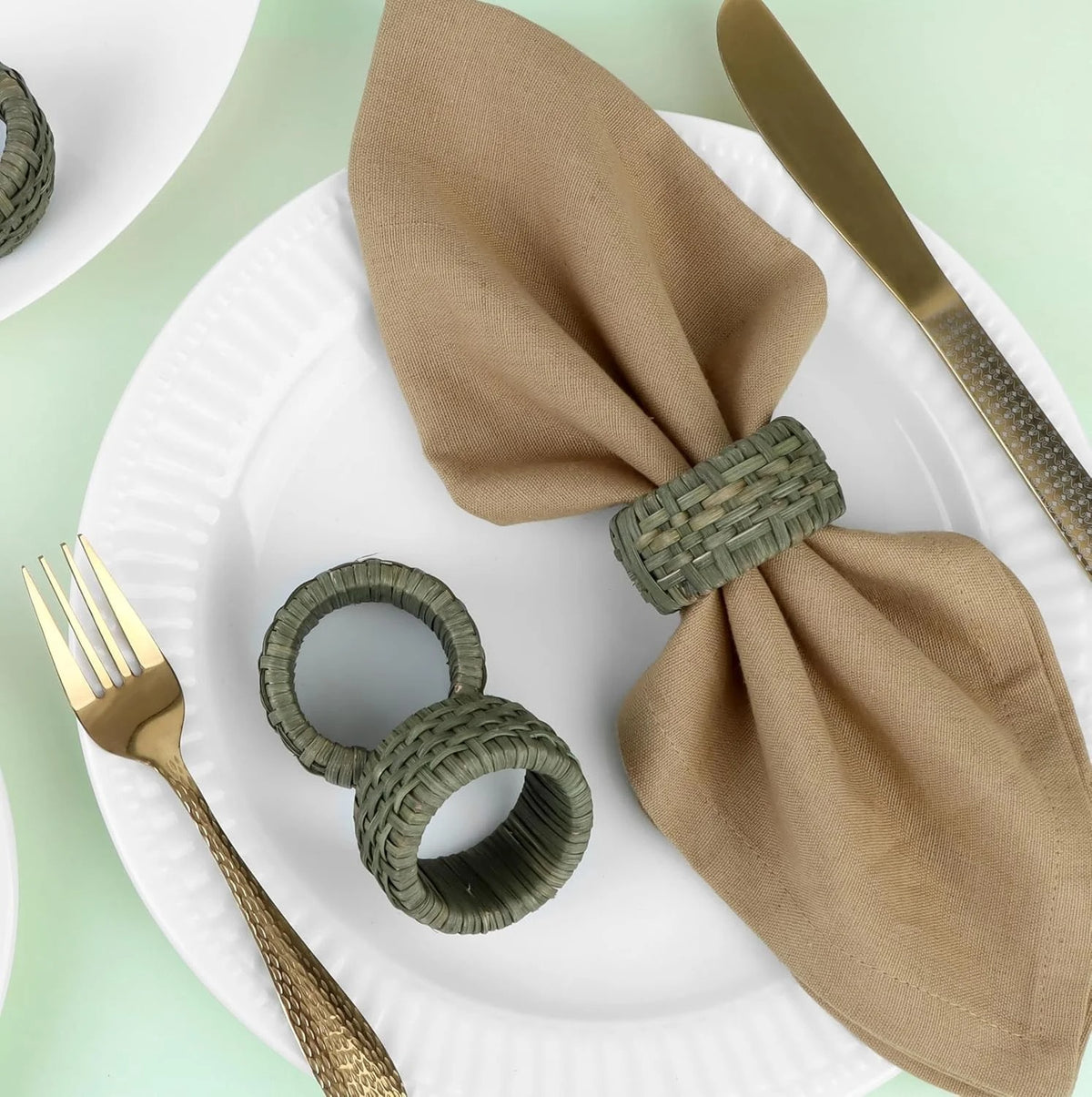 Artisan Cane Napkin Rings Set of 12, Earthy Woven Dinner Napkin Holders, Natural Bohemian Farmhouse Table Accessory for Dinner Parties & Everyday Use (Army Green) - ALPHA Living HOME