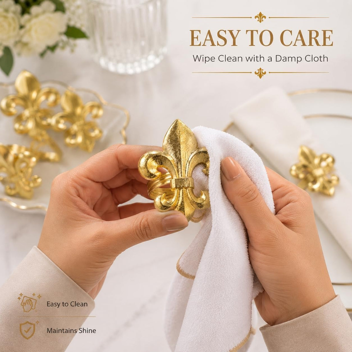 Gold Napkin Rings Set of 12 - Fleur De Lis Metal Napkin Ring Holders for Wedding, Thanksgiving, Christmas & Dining Table Decor - ALPHA Living HOME
