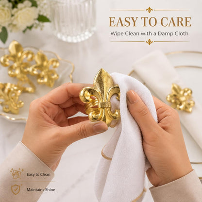Gold Napkin Rings Set of 12 - Fleur De Lis Metal Napkin Ring Holders for Wedding, Thanksgiving, Christmas & Dining Table Decor - ALPHA Living HOME