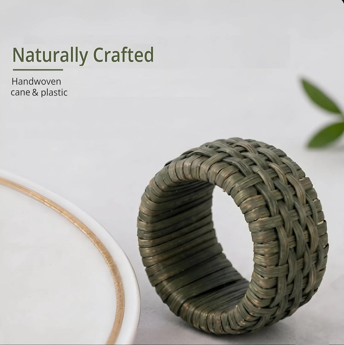Artisan Cane Napkin Rings Set of 12, Earthy Woven Dinner Napkin Holders, Natural Bohemian Farmhouse Table Accessory for Dinner Parties & Everyday Use (Army Green) - ALPHA Living HOME