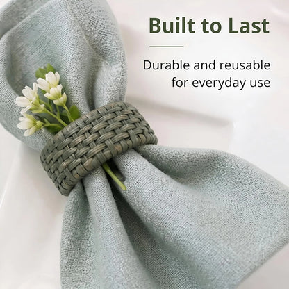 Artisan Cane Napkin Rings Set of 12, Earthy Woven Dinner Napkin Holders, Natural Bohemian Farmhouse Table Accessory for Dinner Parties & Everyday Use (Army Green) - ALPHA Living HOME