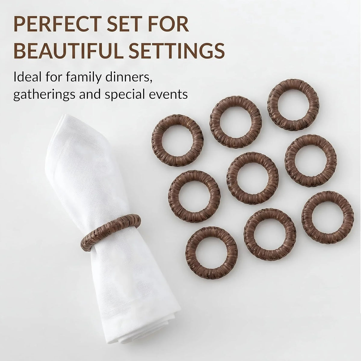 Handmade Napkin Ring Set of 12 Rustic Farmhouse Table Accessories Durable Cane Napkin Holders for Home Kitchen Everyday Dining & Seasonal Gatherings (Walnut) - ALPHA Living HOME