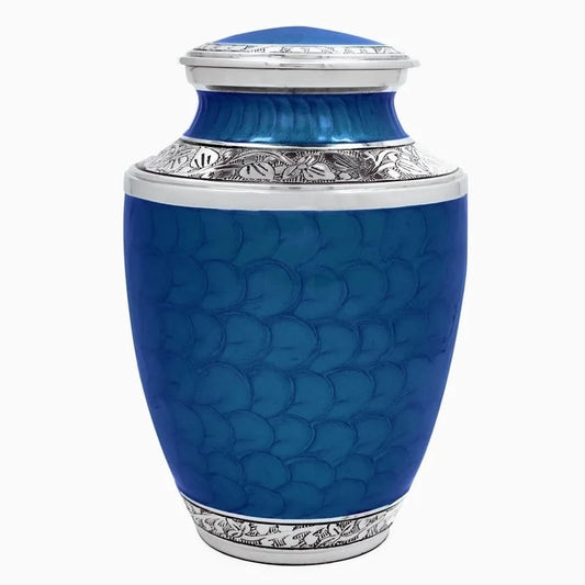 ALPHA Living HOME Cremation Urns for Human Ashes Adult – Decorative Memorial Funeral Urn with Secure Screw Lid, Handcrafted Metal Burial Urn for Men & Women (Blue & Silver)
