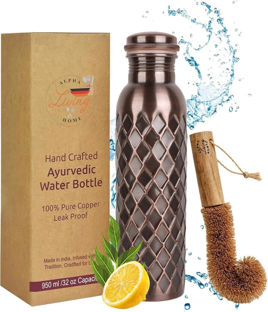Copper Water Bottle 32 Oz Extra Large, Pure Copper Bottle for Drinking Water, Diamond Ayurvedic Drinking Bottle, Leak Proof Vessel, Cleaning Brush, Daily Hydration for Home Travel