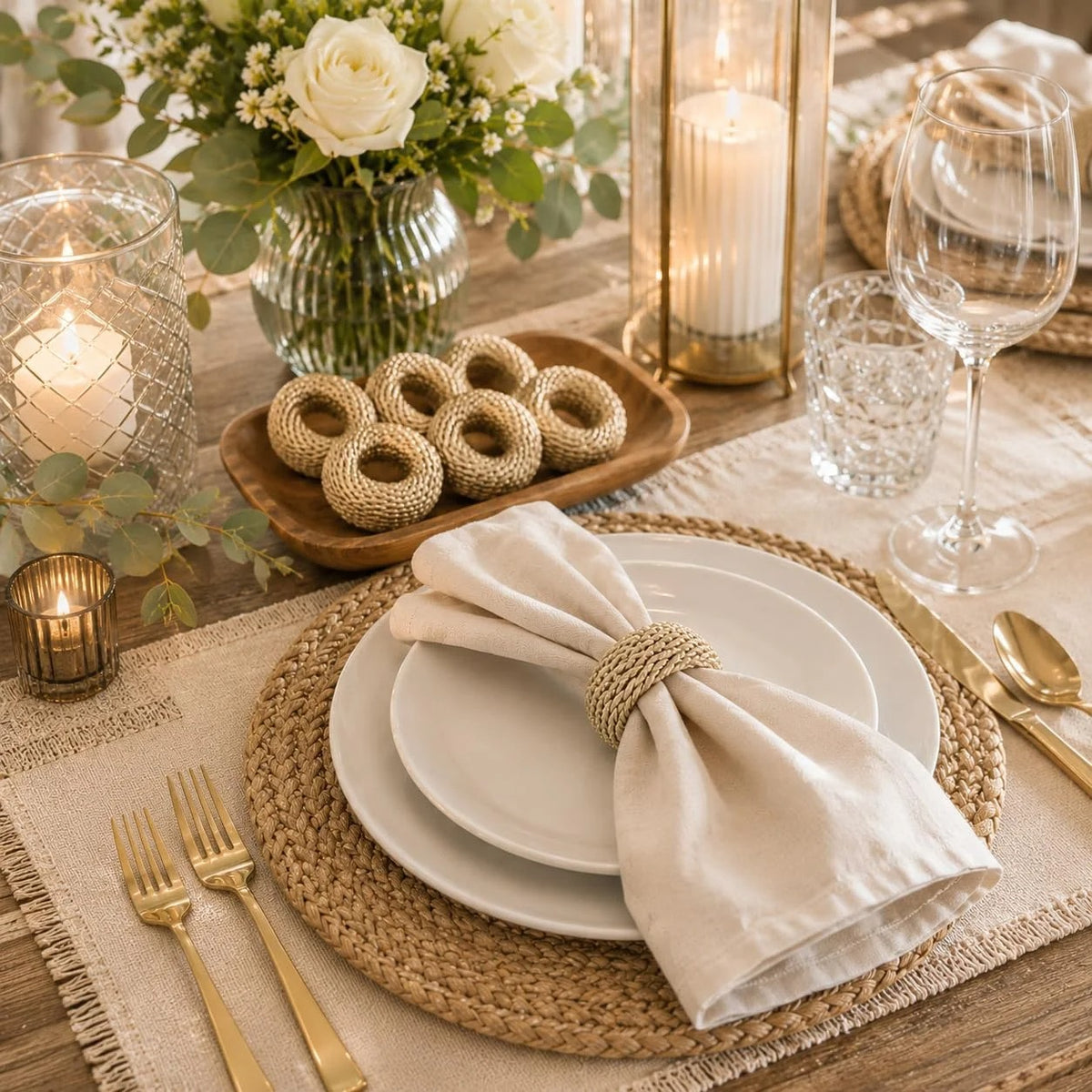 Napkin Rings Set of 12 – Handmade Woven Yarn Napkin Holders for Cloth Napkins, Farmhouse, Boho, Wedding, Holiday & Everyday Dining Table Decor, Reusable Beige