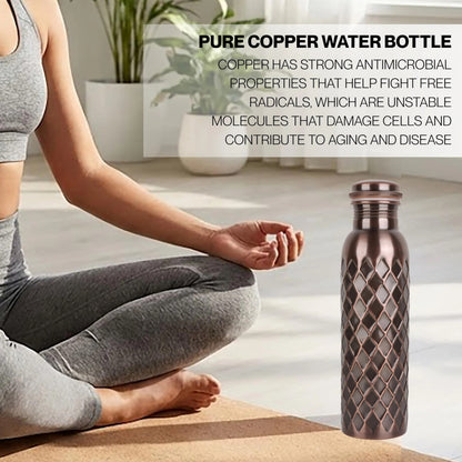 Copper Water Bottle 32 Oz Extra Large, Pure Copper Bottle for Drinking Water, Diamond Ayurvedic Drinking Bottle, Leak Proof Vessel, Cleaning Brush, Daily Hydration for Home Travel
