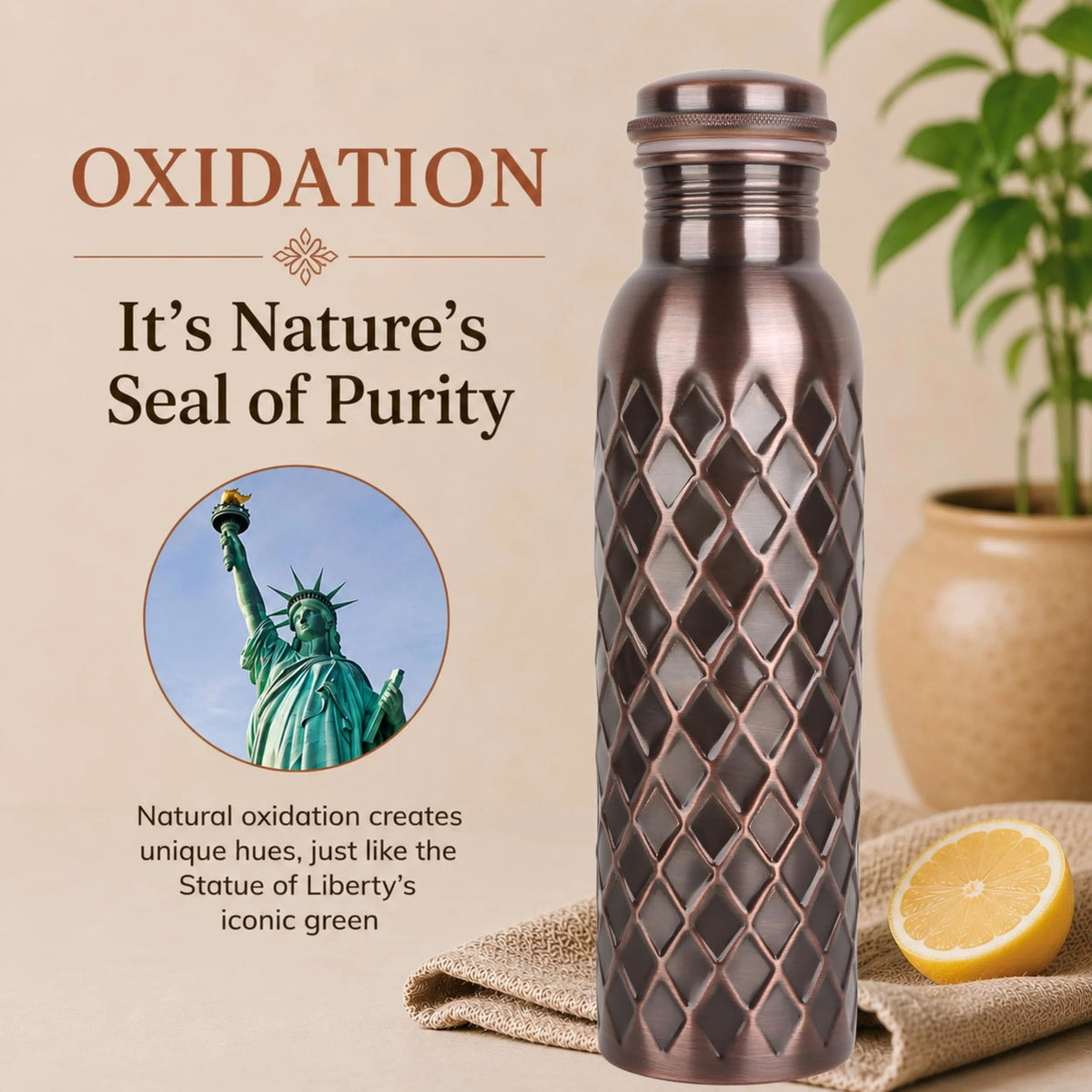 Copper Water Bottle 32 Oz Extra Large, Pure Copper Bottle for Drinking Water, Diamond Ayurvedic Drinking Bottle, Leak Proof Vessel, Cleaning Brush, Daily Hydration for Home Travel