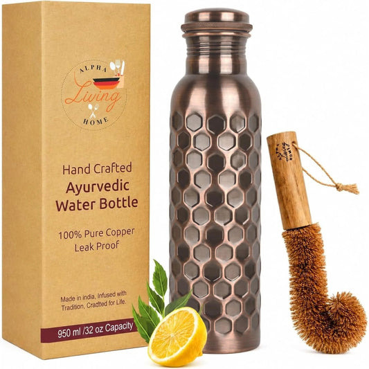 Copper Water Bottle 32 Oz Extra Large, Real Copper Water Bottle, Pure Drinking Bottle, Hammered Ayurvedic Bottle for Drinking Water, Leak Proof Vessel Cap with Cleaning Brush