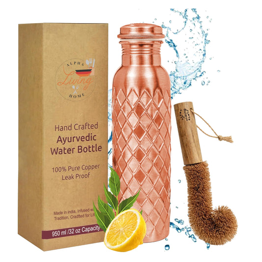 Copper Water Bottle 32 Oz Extra Large, Pure Copper Bottle for Drinking Water, Diamond Ayurvedic Drinking Bottle, Leak Proof Vessel, Cleaning Brush, Daily Hydration for Home Travel