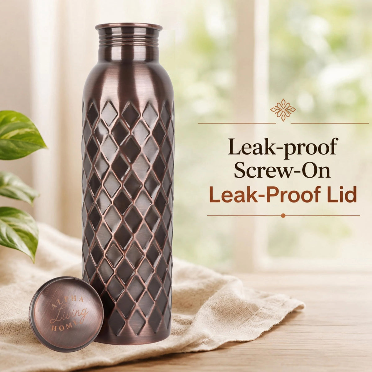 Copper Water Bottle 32 Oz Extra Large, Pure Copper Bottle for Drinking Water, Diamond Ayurvedic Drinking Bottle, Leak Proof Vessel, Cleaning Brush, Daily Hydration for Home Travel