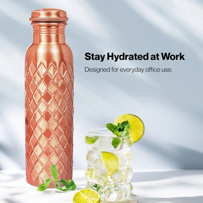 Copper Water Bottle 32 Oz Extra Large, Pure Copper Bottle for Drinking Water, Diamond Ayurvedic Drinking Bottle, Leak Proof Vessel, Cleaning Brush, Daily Hydration for Home Travel