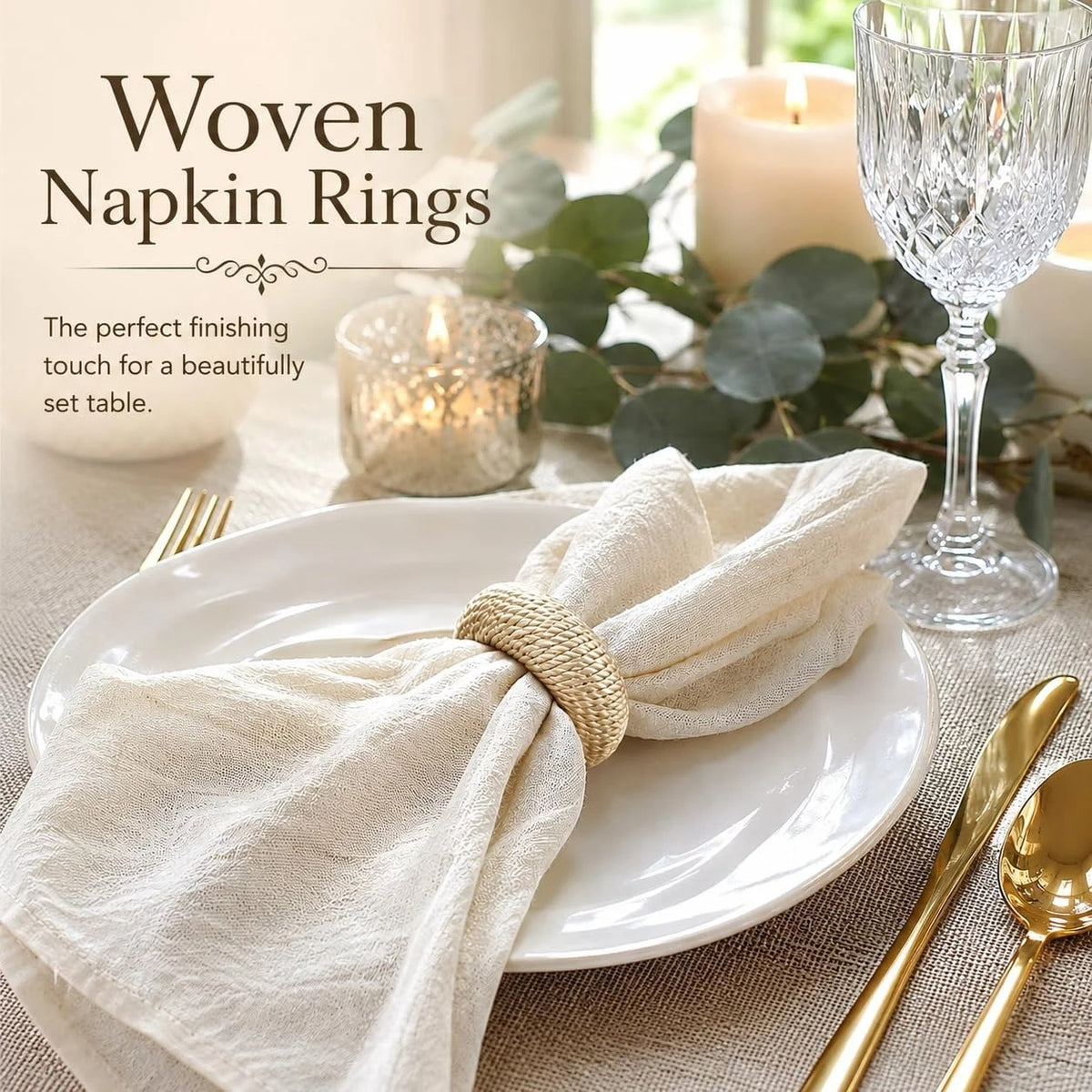 Napkin Rings Set of 12 – Handmade Woven Yarn Napkin Holders for Cloth Napkins, Farmhouse, Boho, Wedding, Holiday & Everyday Dining Table Decor, Reusable Beige