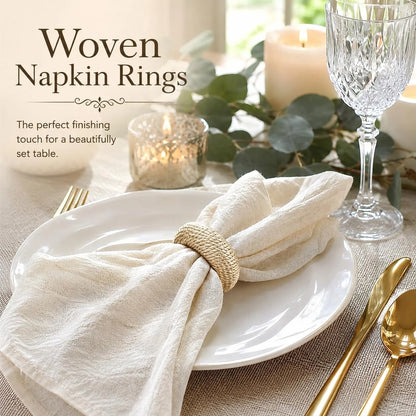 Napkin Rings Set of 12 – Handmade Woven Yarn Napkin Holders for Cloth Napkins, Farmhouse, Boho, Wedding, Holiday & Everyday Dining Table Decor, Reusable Beige