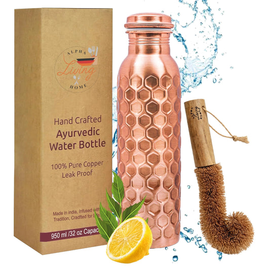 Copper Water Bottle 32 Oz Extra Large, Real Copper Drinking Bottle, Honeycomb Ayurvedic Bottle for Drinking Water, Leak Proof Vessel with Cleaning Brush, Home Office Use